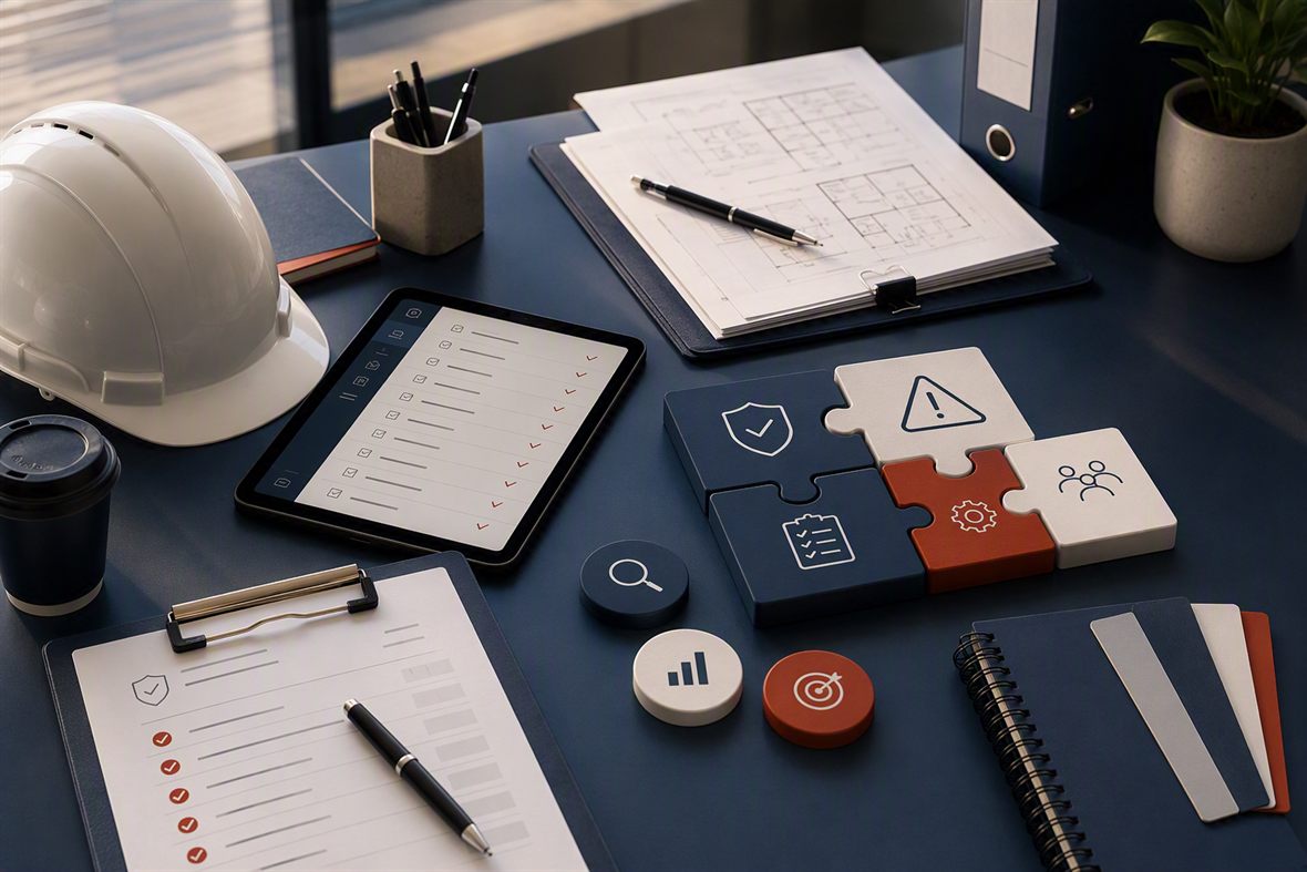Documents et pictogrammes de prévention sur un bureau